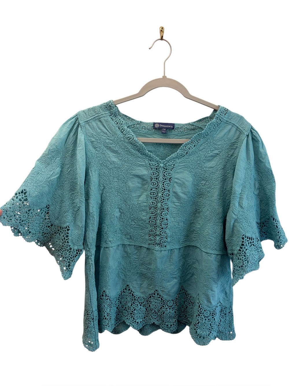Democracy Coastal Embroidered Aqua Blue Crochet-Trim Boho Peasant Blouse Size PM